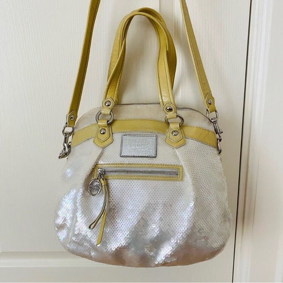 Coach Poppy Iridescent Sequin Yellow Patent Leather Satchel/Crossbody Bag - Picture 1 of 13
